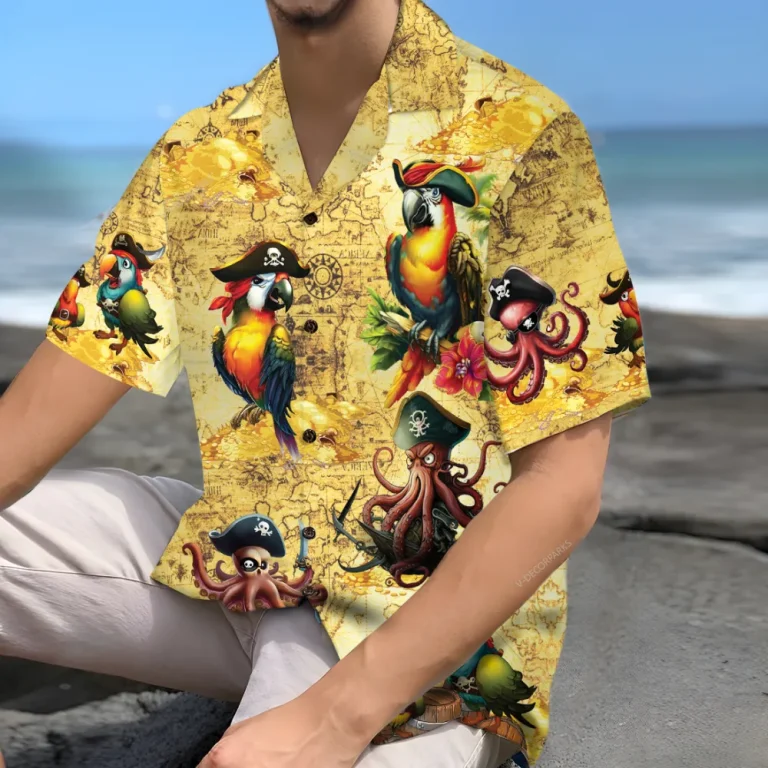 Treasure Hunt Pirates Hawaiian Shirts For Men Women, Parrot Pirate Style Aloha Beach Shirt, Funny Bird Casual Button Down Shirt