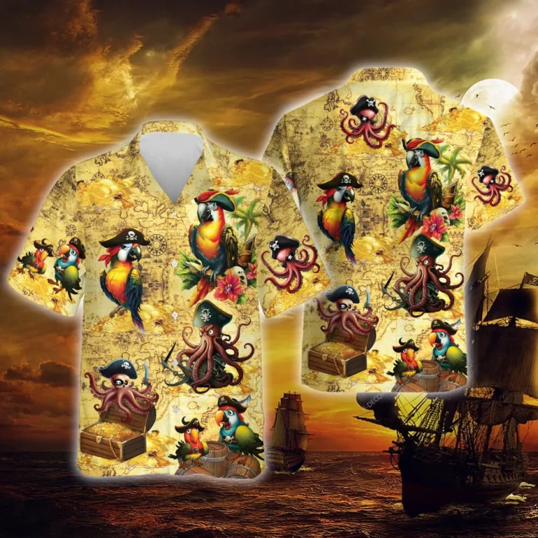 Treasure Hunt Pirates Hawaiian Shirts For Men Women, Parrot Pirate Style Aloha Beach Shirt, Funny Bird Casual Button Down Shirt