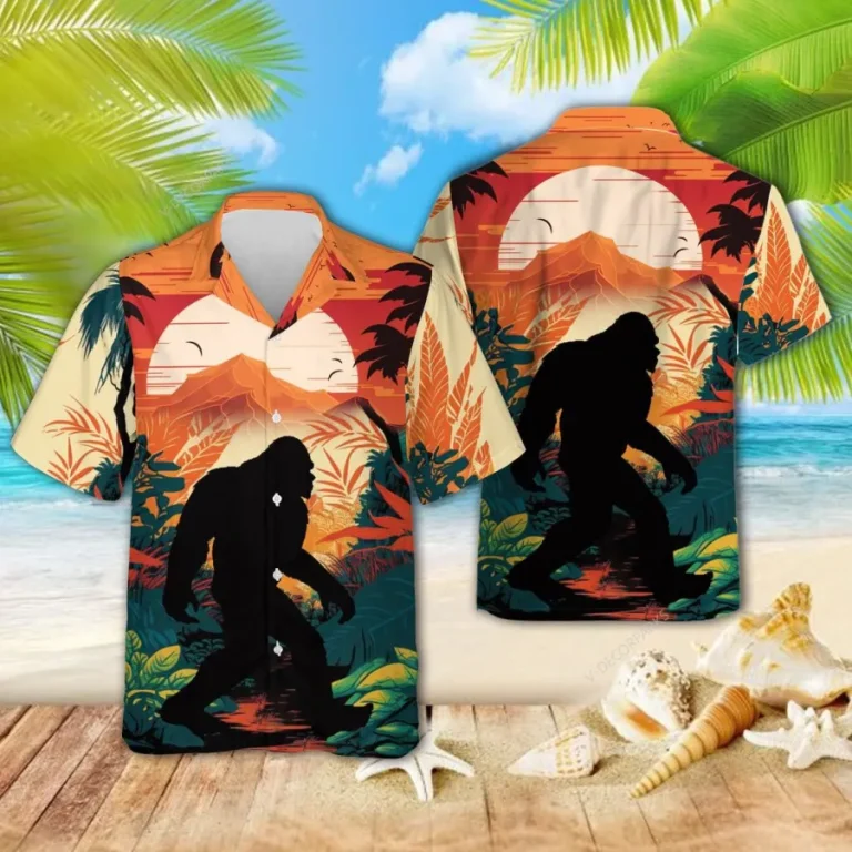 Mythical Bigfoot Tropical Sunset Hawaiian Shirts For Men, Bigfoot Sasquatch Button Down Mens Hawaiian Shirts, Summer Beach Shirt, Bigfoot Aloha Shirt