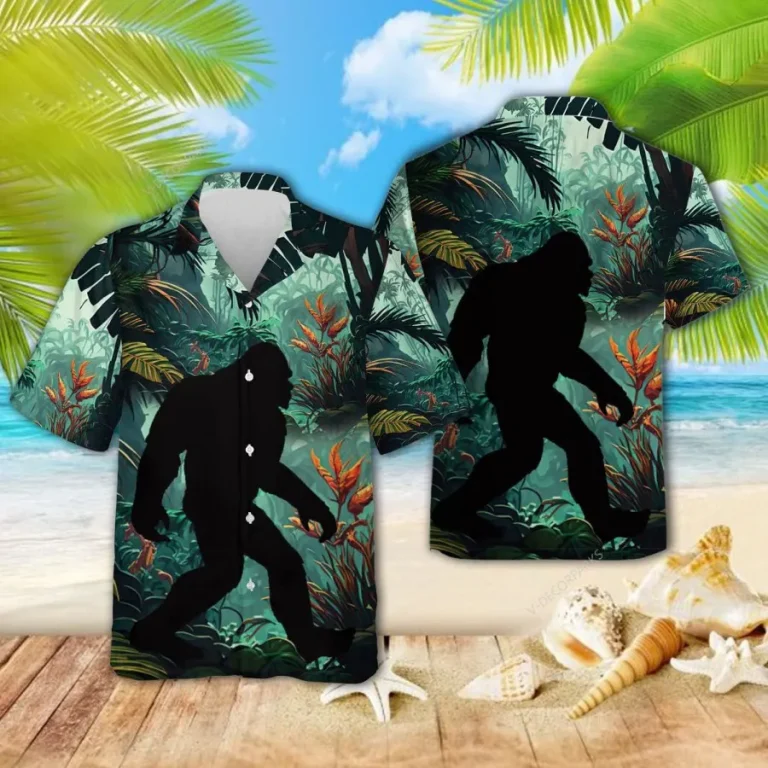 Mysterious Bigfoot In The Forest Hawaiian Shirts For Men, Bigfoot Casual Button Down Short Sleeve Shirt, Bigfoot Shirt, Sasquatch Shirt, Beach Shirt