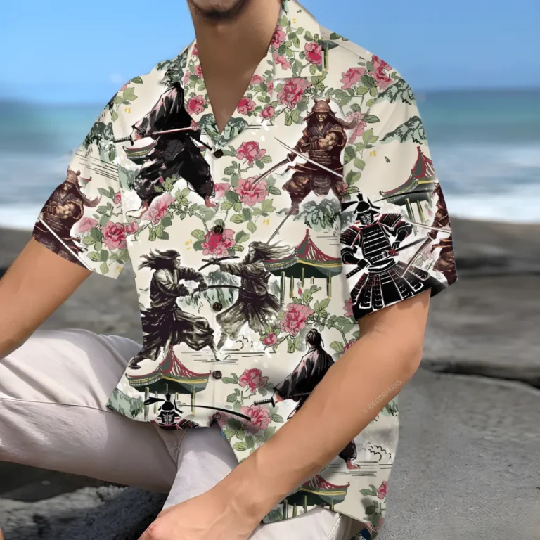 Japan Samurai Warrior Hawaiian Shirts For Men Women, Samurai Summer Aloha Beach Shirt, Floral Button Down Short Sleeve Shirts Gifts For Men