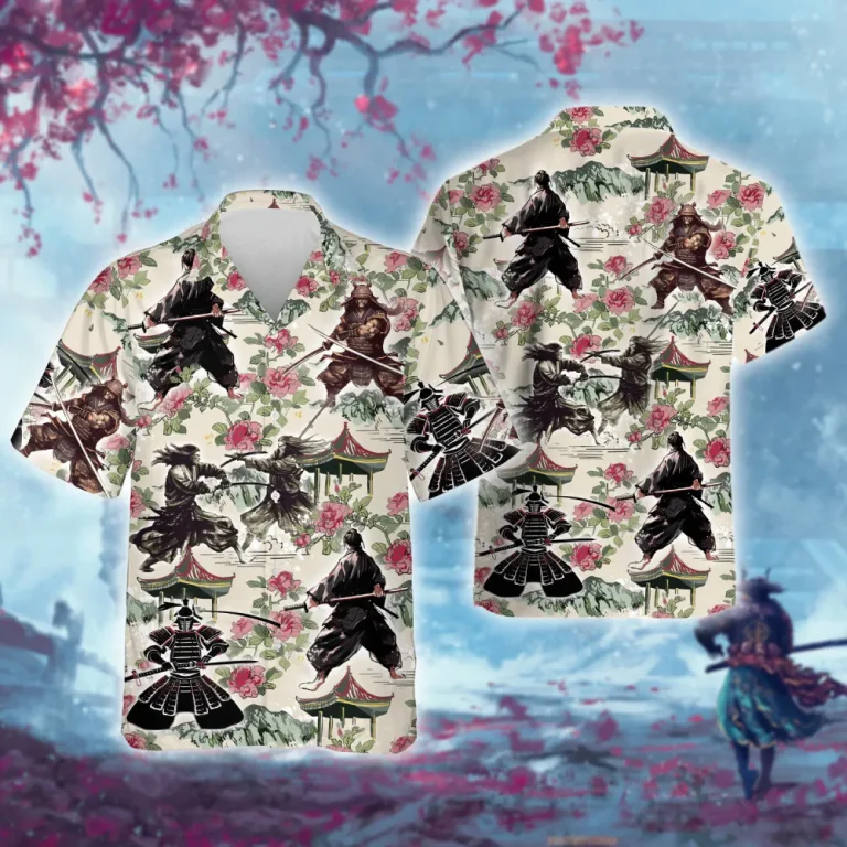 Japan Samurai Warrior Hawaiian Shirts For Men Women, Samurai Summer Aloha Beach Shirt, Floral Button Down Short Sleeve Shirts Gifts For Men