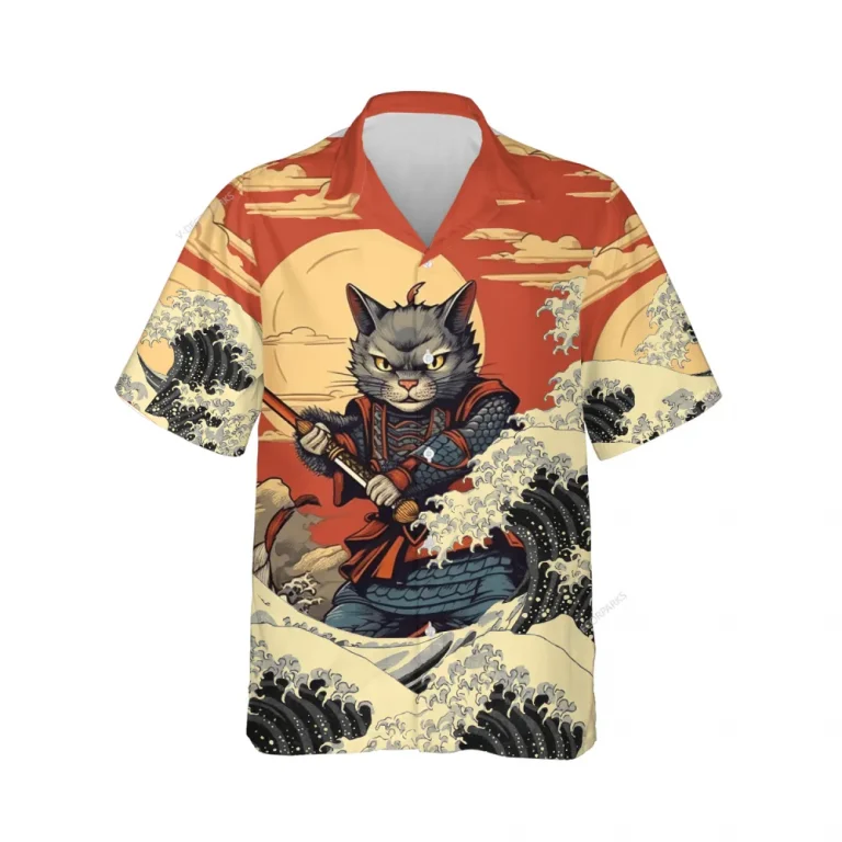 Cat Samurai Hawaiian Shirts For Men Women, Samurai Sword Aloha Beach Shirt, Wave Pattern Button Down Short Sleeve Shirts Gifts For Men