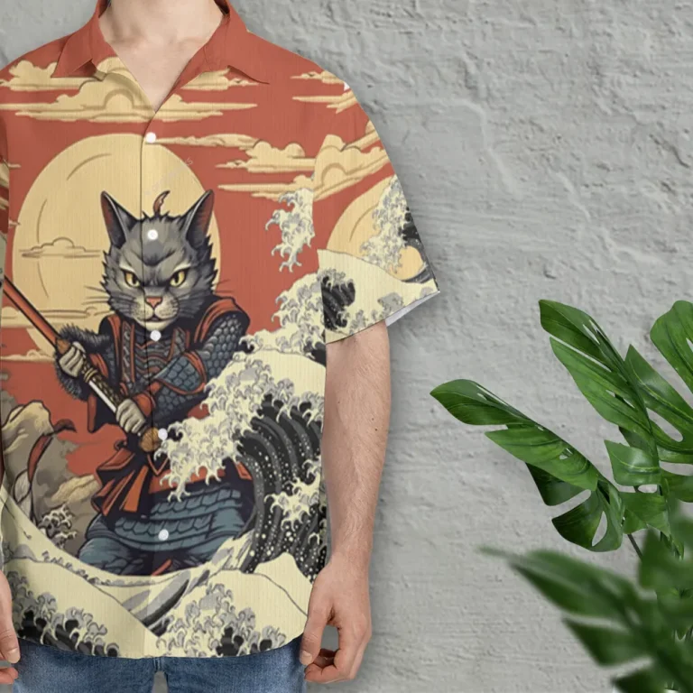 Cat Samurai Hawaiian Shirts For Men Women, Samurai Sword Aloha Beach Shirt, Wave Pattern Button Down Short Sleeve Shirts Gifts For Men