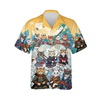 Cute Cat Samurai Hawaiian Shirts For Men Women, Samurai Squad Aloha Beach Shirt, Warrior Button Down Short Sleeve Shirts Gifts For Men