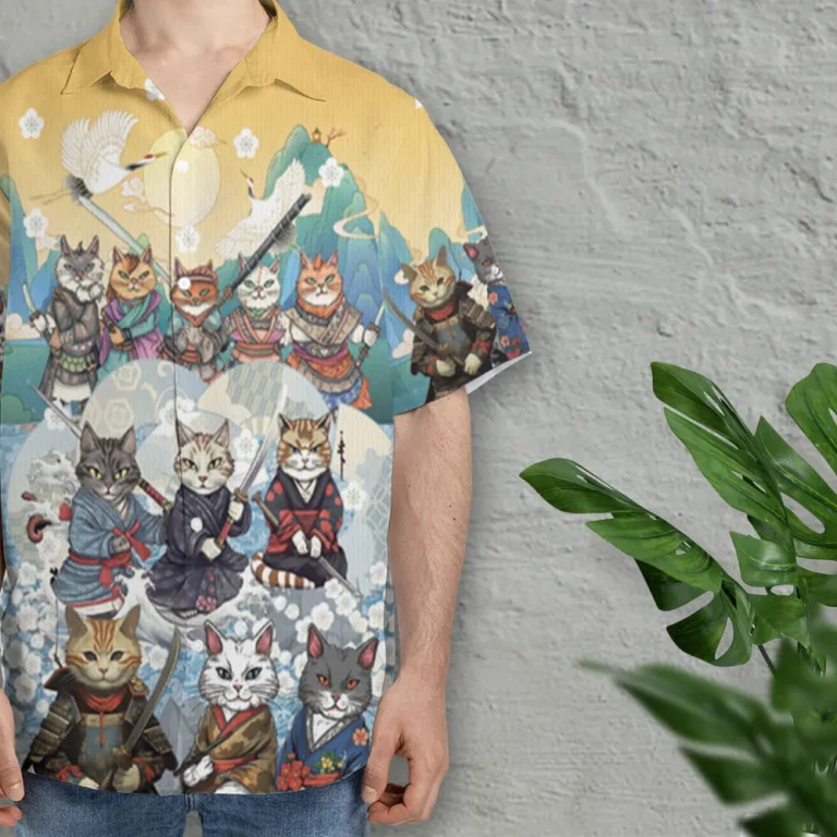 Cute Cat Samurai Hawaiian Shirts For Men Women, Samurai Squad Aloha Beach Shirt, Warrior Button Down Short Sleeve Shirts Gifts For Men