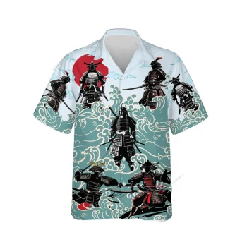 Samurai Waves Hawaiian Shirts For Men Women, Samurai Ukiyo Aloha Beach Shirt, Warrior Button Down Short Sleeve Shirts Gifts For Men