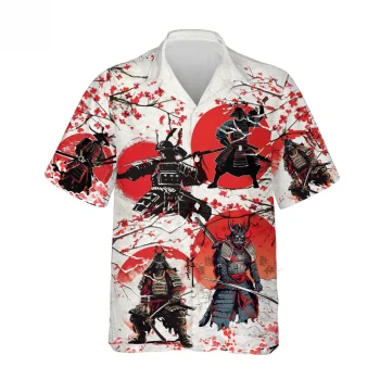 Samurai Sun Unisex Hawaiian Shirts, Samurai General Summer Aloha Beach Shirt, Cherry Blossom Button Down Short Sleeve Shirts Gifts For Men