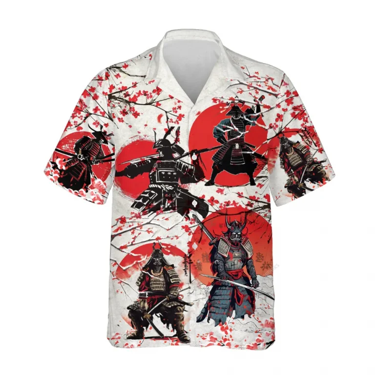 Samurai Sun Unisex Hawaiian Shirts, Samurai General Summer Aloha Beach Shirt, Cherry Blossom Button Down Short Sleeve Shirts Gifts For Men