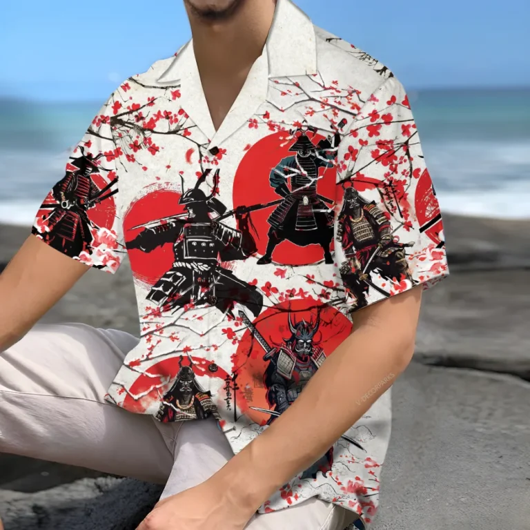 Samurai Sun Unisex Hawaiian Shirts, Samurai General Summer Aloha Beach Shirt, Cherry Blossom Button Down Short Sleeve Shirts Gifts For Men