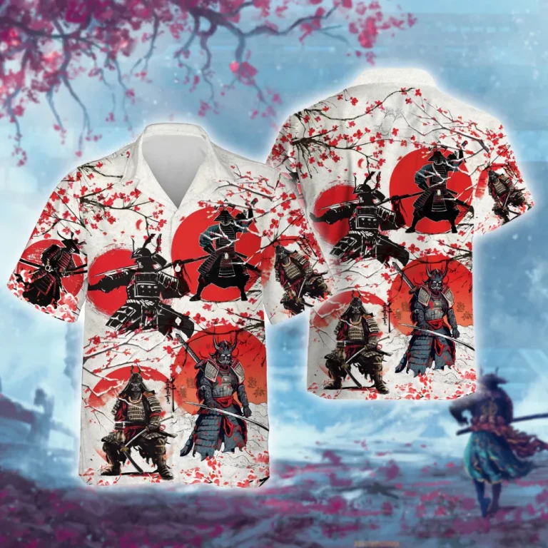 Samurai Sun Unisex Hawaiian Shirts, Samurai General Summer Aloha Beach Shirt, Cherry Blossom Button Down Short Sleeve Shirts Gifts For Men