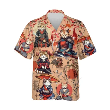 Funny Samurai Cat Unisex Hawaiian Shirts, Samurai Pet Aloha Beach Shirt, Warrior Button Down Short Sleeve Shirts Gifts For Men