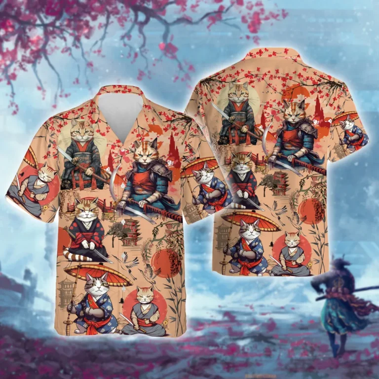 Funny Samurai Cat Unisex Hawaiian Shirts, Samurai Pet Aloha Beach Shirt, Warrior Button Down Short Sleeve Shirts Gifts For Men