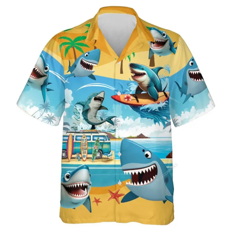 Funny Shark Surfing Unisex Hawaiian Shirts, Wild Shark Aloha Beach Shirt, Ocean Animals Pattern Button Down Short Sleeve Shirts