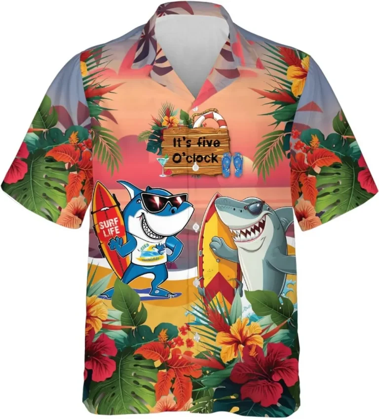 Funny Shark Hawaiian Shirts For Men, Tropical Floral Summer Shirts, Aloha Shirts, Surfing Party Shark Button Down Mens Hawaiian Shirts Short Sleeve