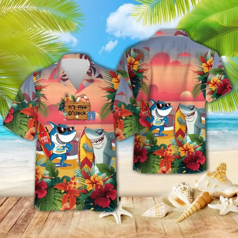 Funny Shark Hawaiian Shirts For Men, Tropical Floral Summer Shirts, Aloha Shirts, Surfing Party Shark Button Down Mens Hawaiian Shirts Short Sleeve