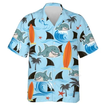 Cute Shark Surfing Unisex Hawaiian Shirts, Wild Shark Aloha Beach Shirt, Ocean Animals Pattern Button Down Short Sleeve Shirts