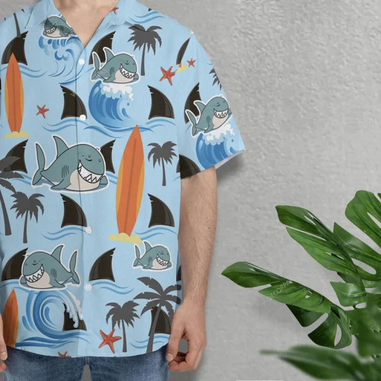 Cute Shark Surfing Unisex Hawaiian Shirts, Wild Shark Aloha Beach Shirt, Ocean Animals Pattern Button Down Short Sleeve Shirts