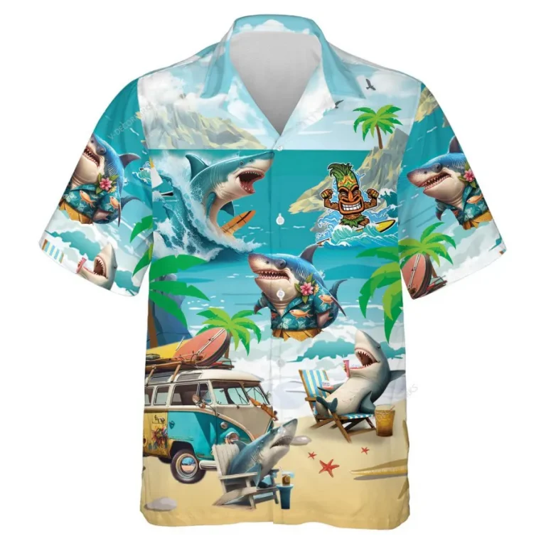 Funny Shark Vacation Unisex Hawaiian Shirts, Wild Shark Surfing Aloha Beach Shirt, Ocean Animals Pattern Button Down Short Sleeve Shirts