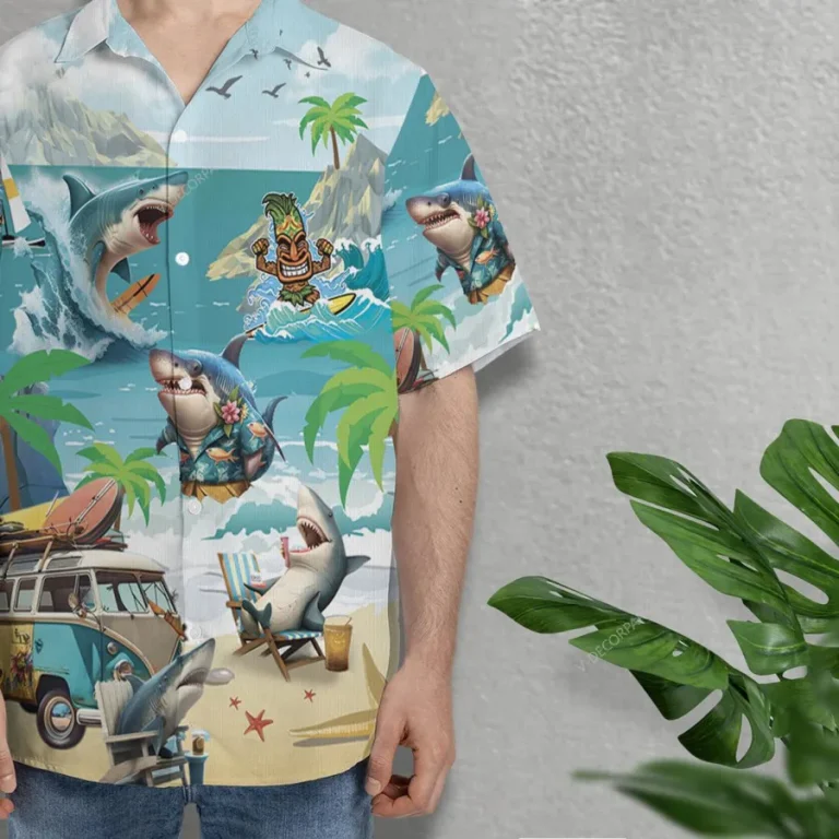 Funny Shark Vacation Unisex Hawaiian Shirts, Wild Shark Surfing Aloha Beach Shirt, Ocean Animals Pattern Button Down Short Sleeve Shirts