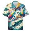 Ocean Shark Unisex Hawaiian Shirts, Wild Shark Aloha Beach Shirt, Undersea Animals Pattern Button Down Short Sleeve Shirts