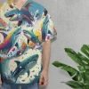 Ocean Shark Unisex Hawaiian Shirts, Wild Shark Aloha Beach Shirt, Undersea Animals Pattern Button Down Short Sleeve Shirts