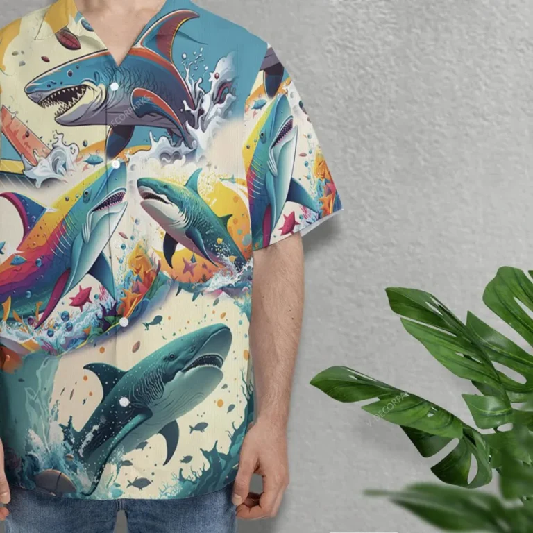 Ocean Shark Unisex Hawaiian Shirts, Wild Shark Aloha Beach Shirt, Undersea Animals Pattern Button Down Short Sleeve Shirts