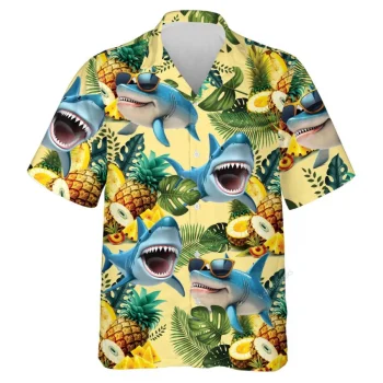 Tropical Shark Vacay Unisex Hawaiian Shirts, Wild Shark Aloha Beach Shirt, Ocean Animals Pattern Button Down Short Sleeve Shirts