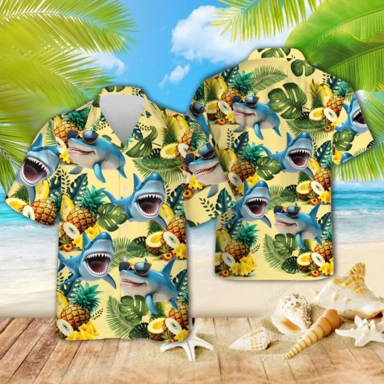 Tropical Shark Vacay Unisex Hawaiian Shirts, Wild Shark Aloha Beach Shirt, Ocean Animals Pattern Button Down Short Sleeve Shirts