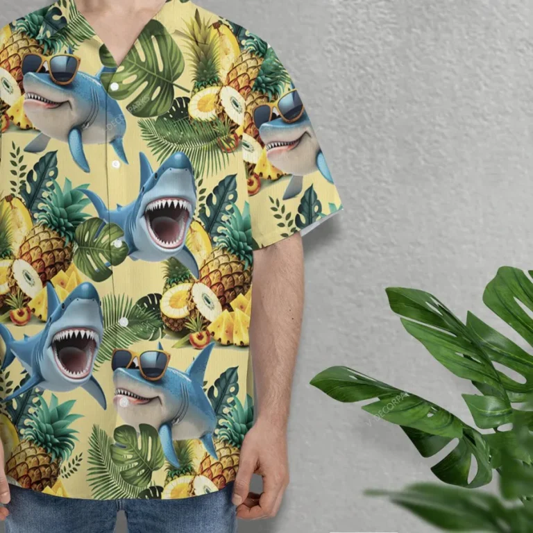 Tropical Shark Vacay Unisex Hawaiian Shirts, Wild Shark Aloha Beach Shirt, Ocean Animals Pattern Button Down Short Sleeve Shirts