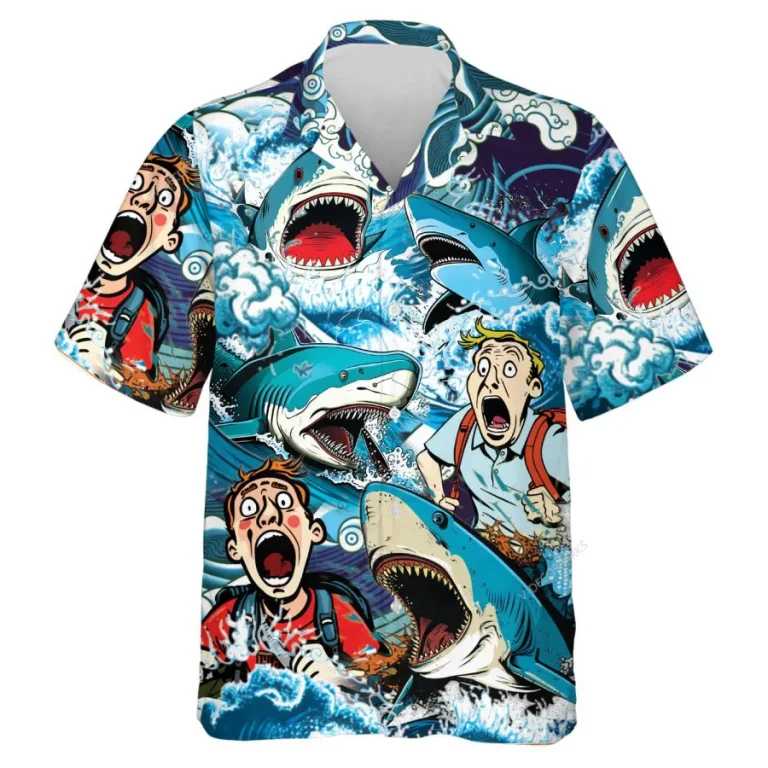 Shark Attack Unisex Hawaiian Shirts, Funny Wild Shark Aloha Beach Shirt, Ocean Animals Pattern Button Down Short Sleeve Shirts