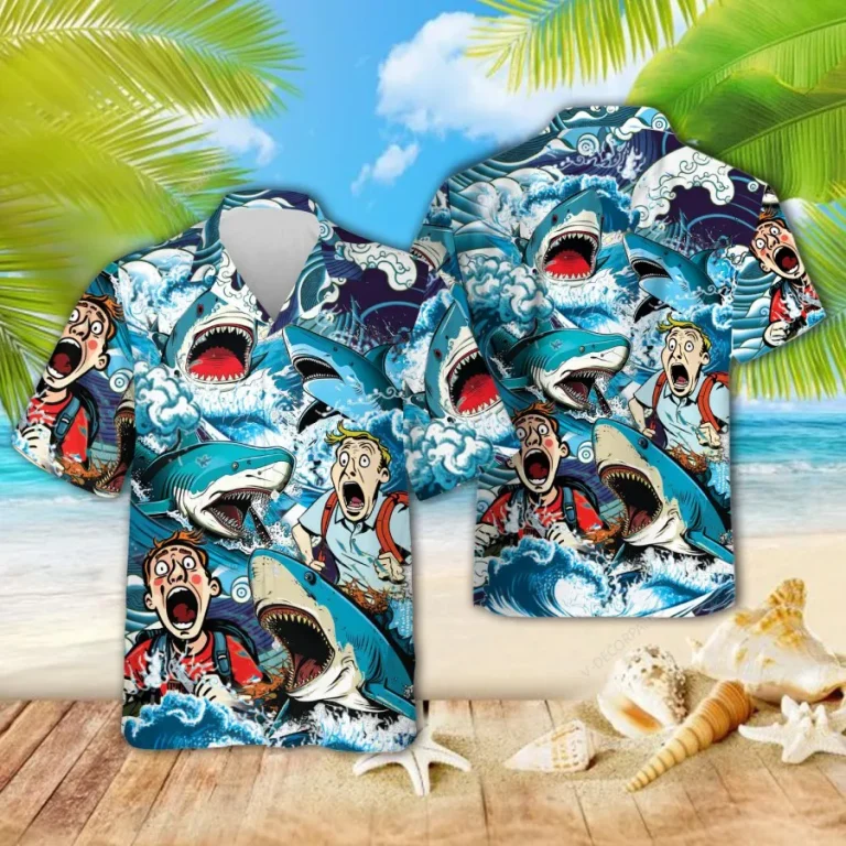 Shark Attack Unisex Hawaiian Shirts, Funny Wild Shark Aloha Beach Shirt, Ocean Animals Pattern Button Down Short Sleeve Shirts