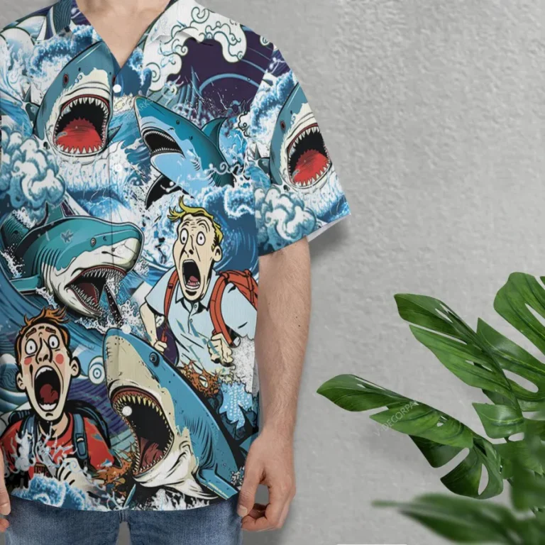 Shark Attack Unisex Hawaiian Shirts, Funny Wild Shark Aloha Beach Shirt, Ocean Animals Pattern Button Down Short Sleeve Shirts