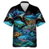 Shark Coral Reef Unisex Hawaiian Shirts, Wild Shark Aloha Beach Shirt, Ocean Habitats Pattern Button Down Short Sleeve Shirts