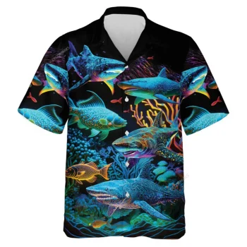 Shark Coral Reef Unisex Hawaiian Shirts, Wild Shark Aloha Beach Shirt, Ocean Habitats Pattern Button Down Short Sleeve Shirts