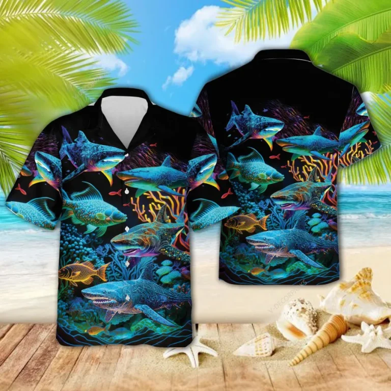 Shark Coral Reef Unisex Hawaiian Shirts, Wild Shark Aloha Beach Shirt, Ocean Habitats Pattern Button Down Short Sleeve Shirts