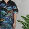 Shark Coral Reef Unisex Hawaiian Shirts, Wild Shark Aloha Beach Shirt, Ocean Habitats Pattern Button Down Short Sleeve Shirts