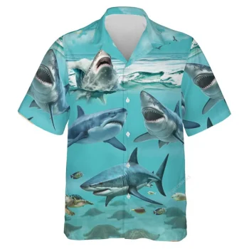 Selachimorpha Shark Unisex Hawaiian Shirts, Wild Shark Aloha Beach Shirt, Ocean Animals Pattern Button Down Short Sleeve Shirts