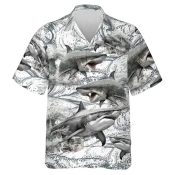 Elasmobranch Shark Surfing Unisex Hawaiian Shirts, Wild Shark Aloha Beach Shirt, Ocean Animals Pattern Button Down Short Sleeve Shirts