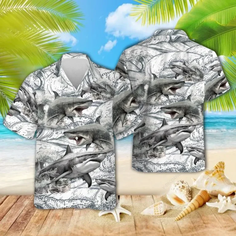 Elasmobranch Shark Surfing Unisex Hawaiian Shirts, Wild Shark Aloha Beach Shirt, Ocean Animals Pattern Button Down Short Sleeve Shirts