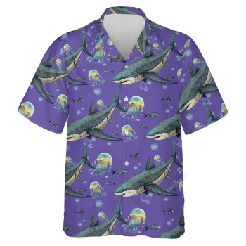 Funny Shark Jellyfish Unisex Hawaiian Shirts, Wild Shark Aloha Beach Shirt, Ocean Animals Pattern Button Down Short Sleeve Shirts