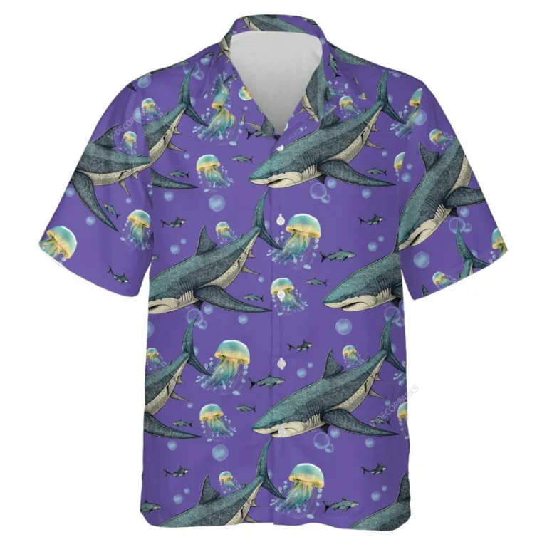 Funny Shark Jellyfish Unisex Hawaiian Shirts, Wild Shark Aloha Beach Shirt, Ocean Animals Pattern Button Down Short Sleeve Shirts