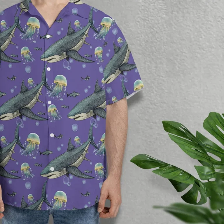 Funny Shark Jellyfish Unisex Hawaiian Shirts, Wild Shark Aloha Beach Shirt, Ocean Animals Pattern Button Down Short Sleeve Shirts