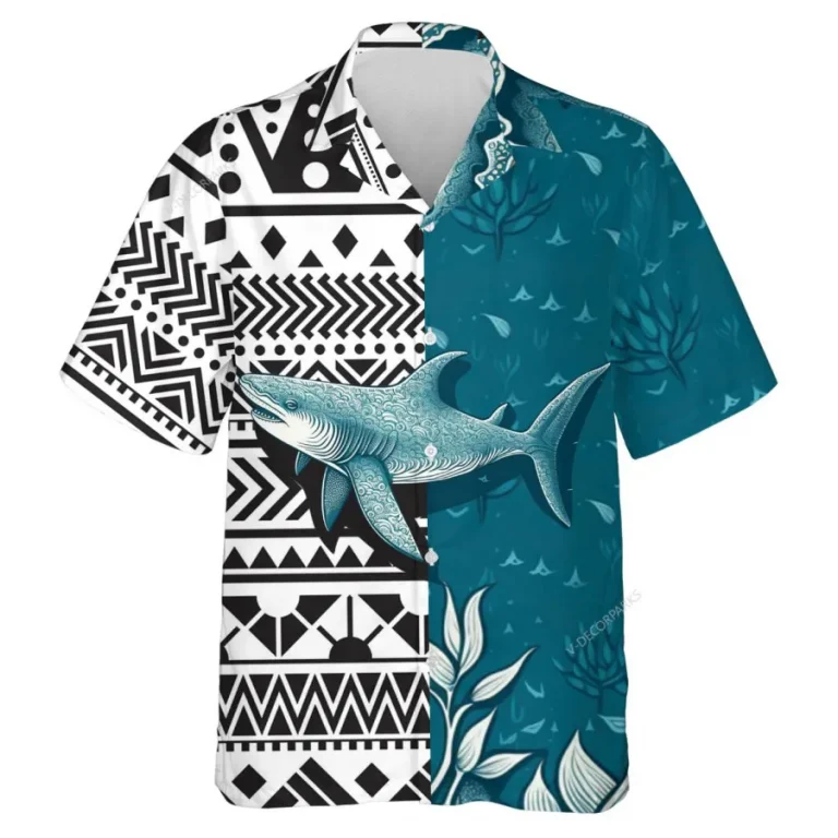 Funny Tribal Shark Unisex Hawaiian Shirts, Wild Shark Aloha Beach Shirt, Ocean Animals Pattern Button Down Short Sleeve Shirts