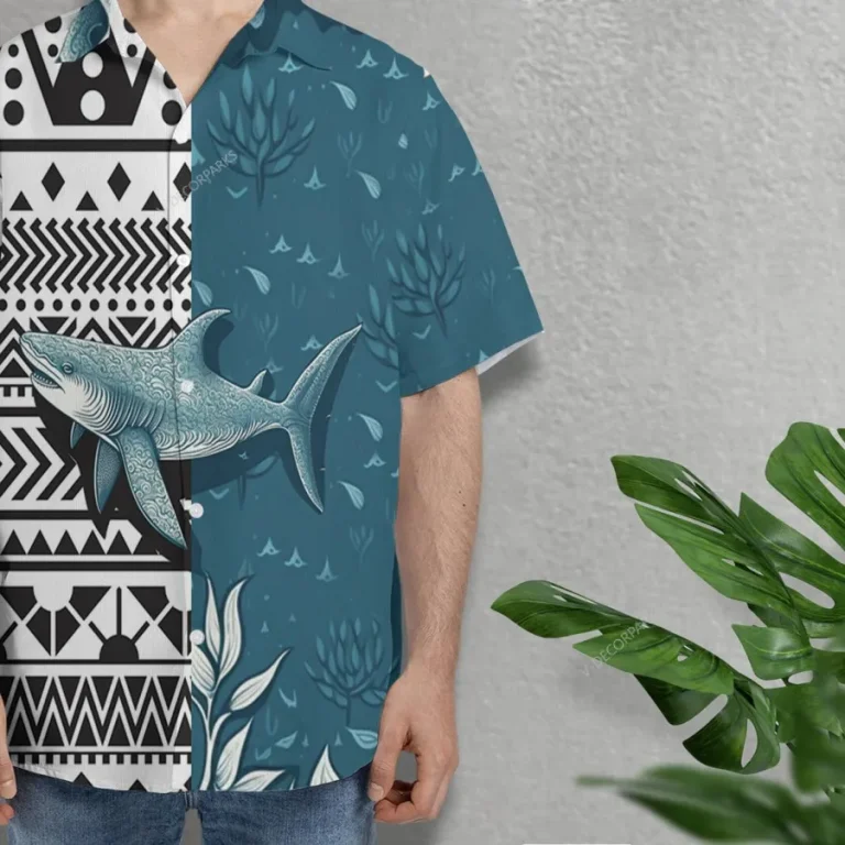 Funny Tribal Shark Unisex Hawaiian Shirts, Wild Shark Aloha Beach Shirt, Ocean Animals Pattern Button Down Short Sleeve Shirts