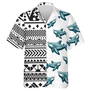 Funny Shark Tribal Unisex Hawaiian Shirts, Wild Shark Prey Aloha Beach Shirt, Ocean Animals Pattern Button Down Short Sleeve Shirts