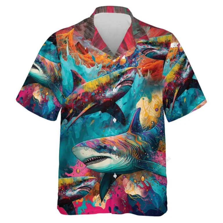 Colorful Shark Unisex Hawaiian Shirts, Vibrant Wild Shark Aloha Beach Shirt, Ocean Animals Pattern Button Down Short Sleeve Shirts