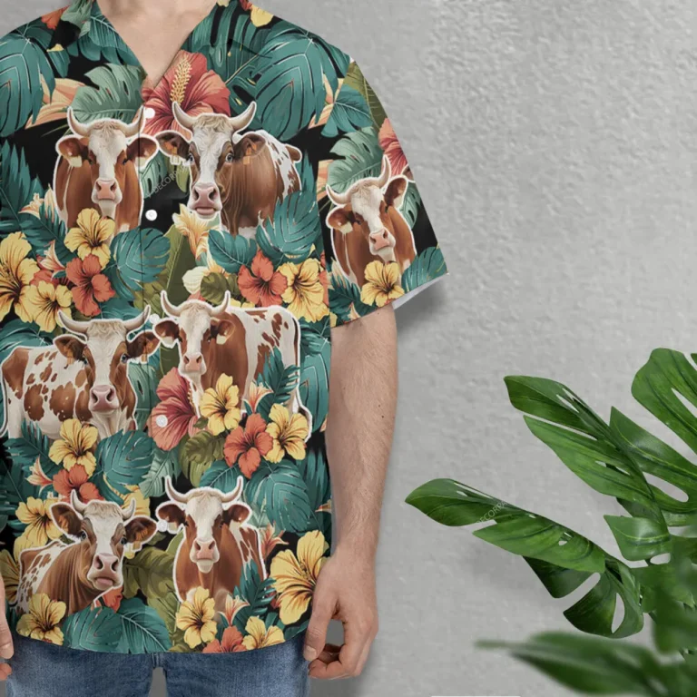 Shorthorn Cattle Cow Unisex Hawaiian Shirt, Floral Shorthorn Cow Aloha Hawaii Shirt, Tropical Hibiscus Summer Vacation Aloha Beach Shirt