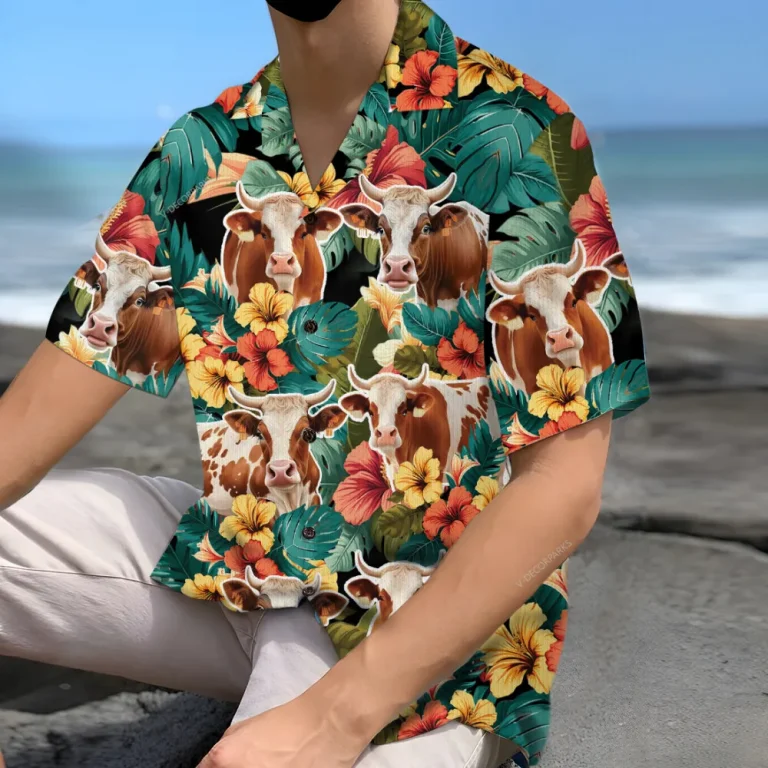 Shorthorn Cattle Cow Unisex Hawaiian Shirt, Floral Shorthorn Cow Aloha Hawaii Shirt, Tropical Hibiscus Summer Vacation Aloha Beach Shirt