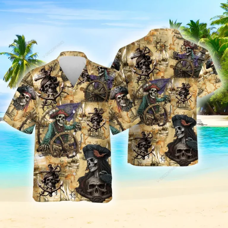 Pirate Skull Vintage Hawaiian Shirts For Men, Pirate Skull Casual Button Down Hawaiian Shirts, Summer Beach Shirt, Hawaiian Aloha Shirt